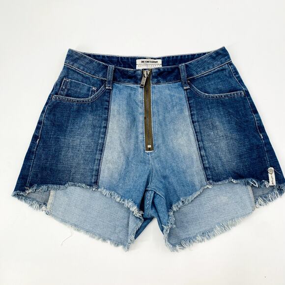 One X One teaspoon 26  blue Two Tone Zip Up High Waisted Raw Shorts - Picture 2 of 4